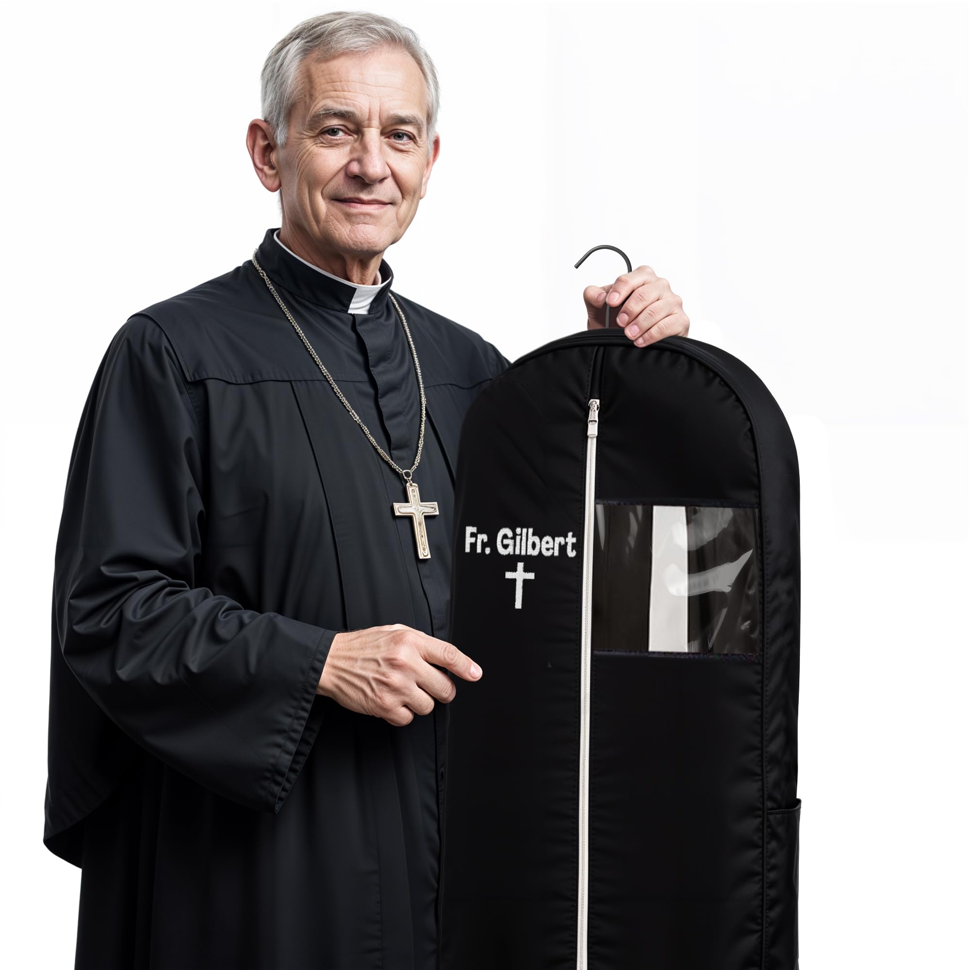 Personalized Garment bag for Hanging Clothes - Embroidered Name Garment Holder With 2 Mesh Pockets for Priest and Nun Robes - Ideal for Clergy Outfits