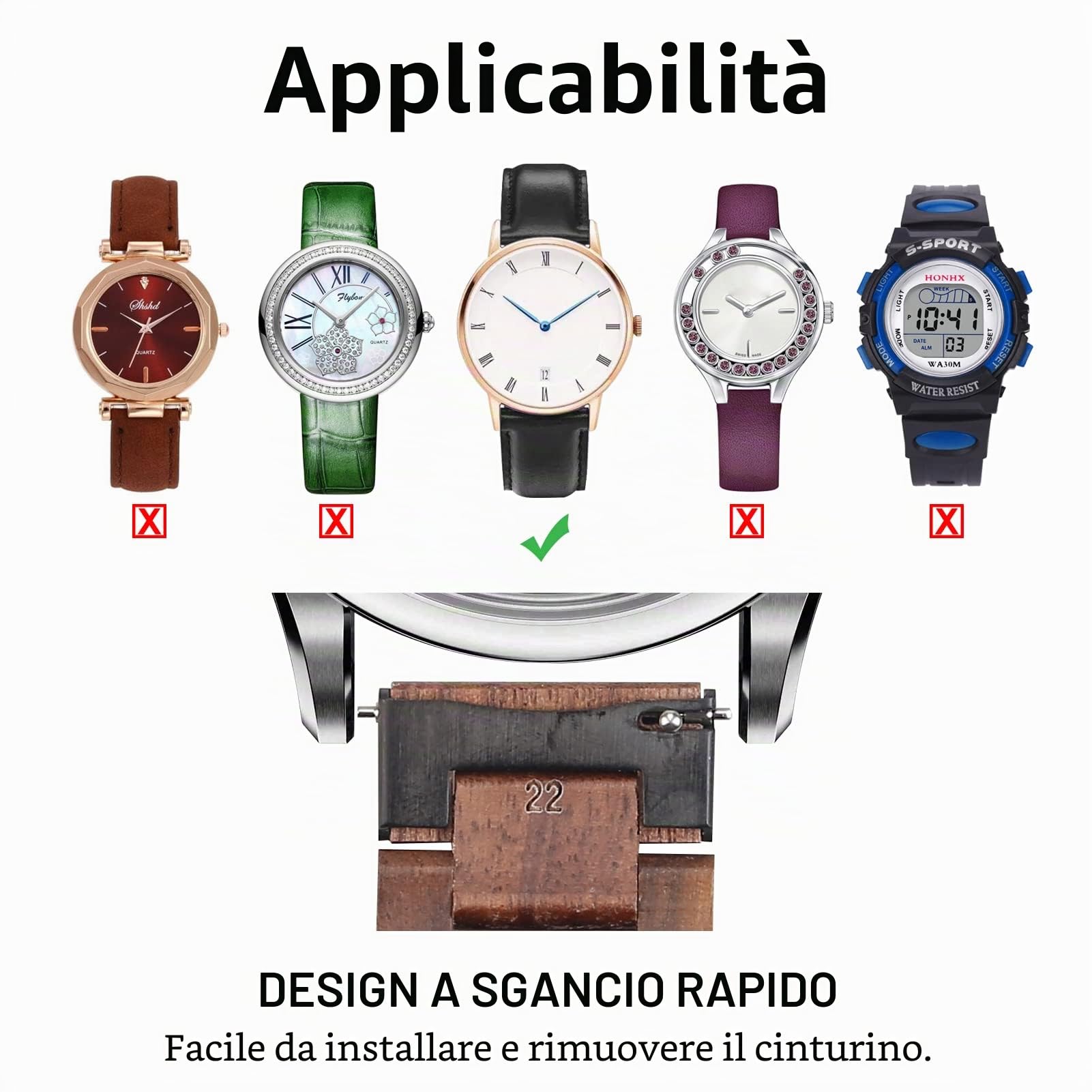 Cinturino per orologio a sgancio rapido, cinturino in legno naturale, scelta di colore e larghezza del cinturino: 18 mm, 19 mm, 20 mm, 21 mm, 22 mm, 23 o 24 mm