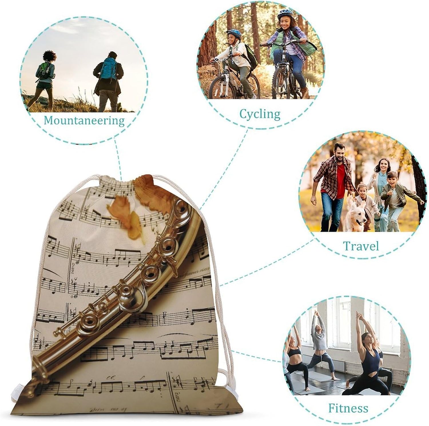 Canvas Drawstring Flute Music Backpack for Gym, Personalized Sport Pack Bags 30x40cm for Travel, Shopping image 3