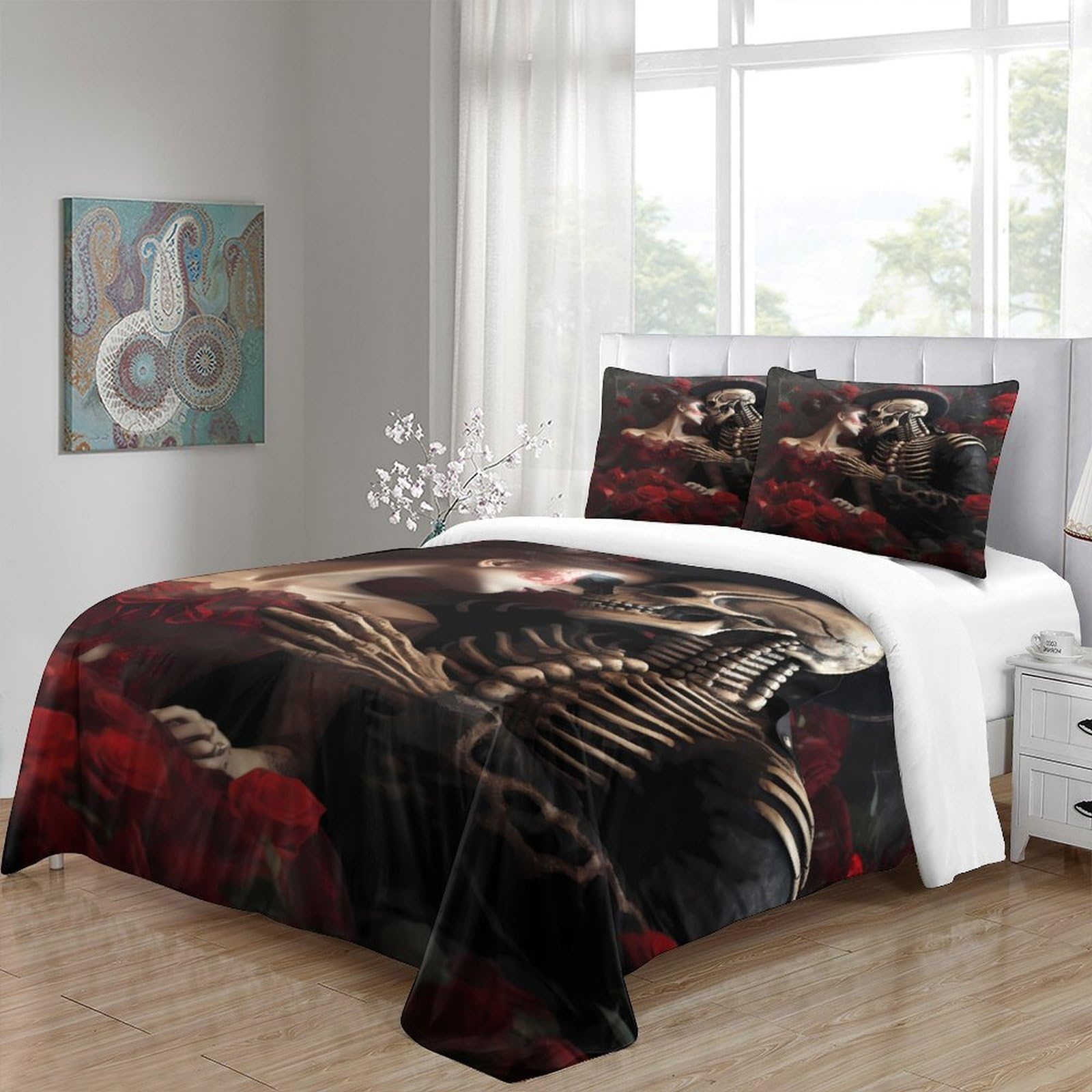 Copripiumino Coppia Scheletro Gotico 3D Stampato in Microfibra Decorazione Camera da Letto Set Biancheria da Letto Coppia Scheletrata Morbido Traspirante per Adulti Giovani Super king（260x220cm）