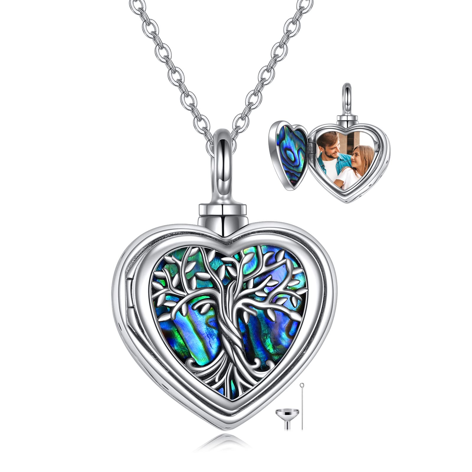 YAFEINI Baum des Lebens Urne Halsketten für Asche Sterling Silber Abalone Muschel Baum des Lebens Feuerbestattung Schmuck für Asche Gedächtnisschmuck für Frauen Männer