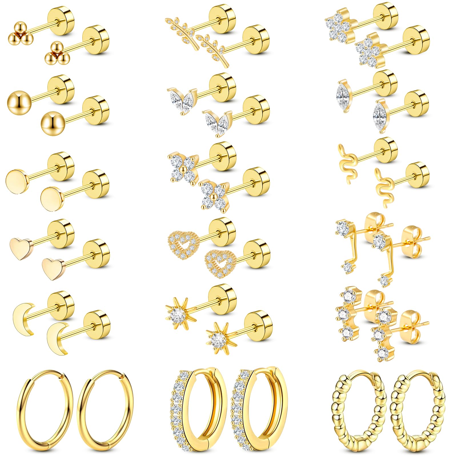 Hazms 18K Gold Flat Back Earrings for Women -18 Pairs Hypoallergenic Surgical Steel Flatback Stud Earrings Hoop Earrings Dainty Cartilage Earring Gold