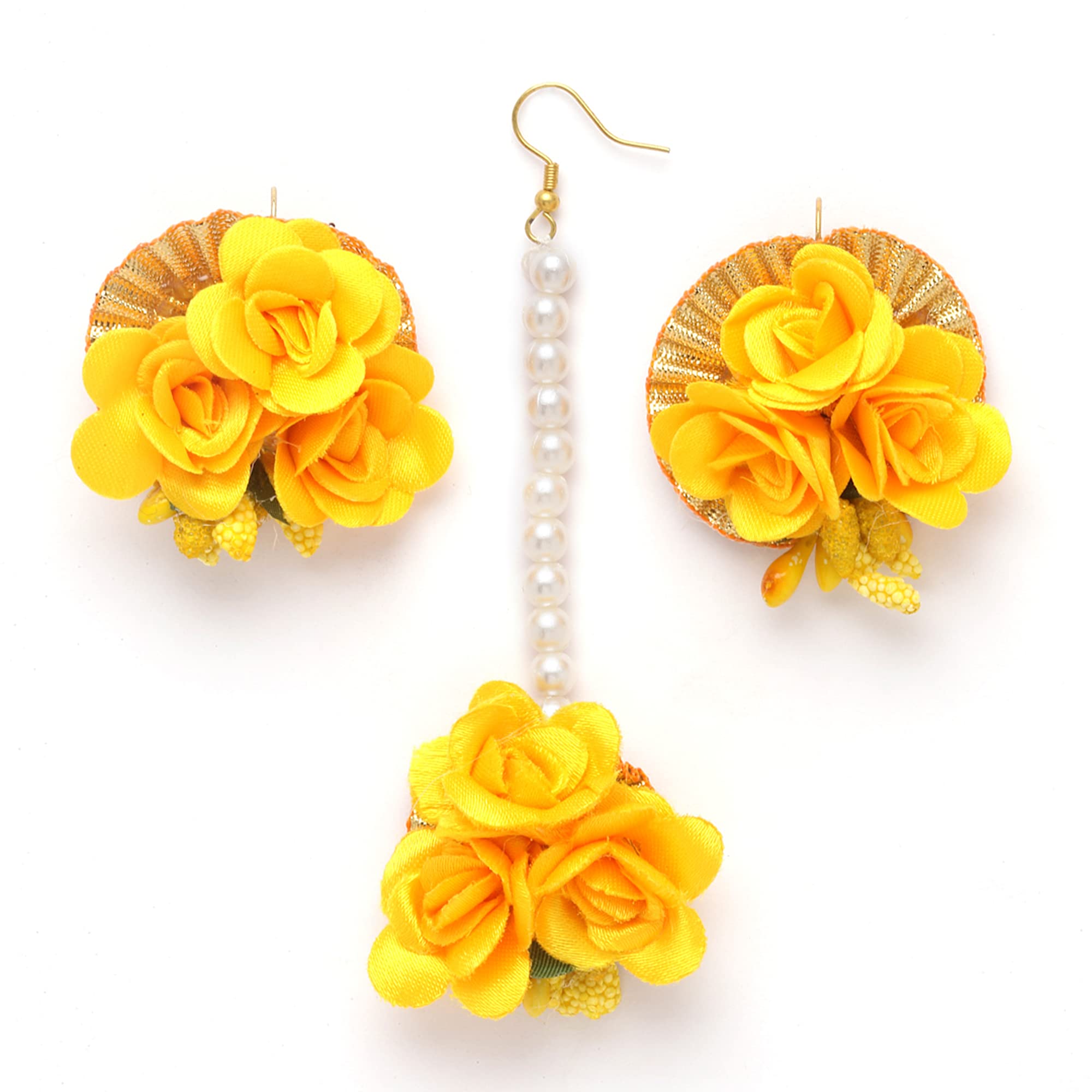 KENNICE Gold-Plated Pearl & Gota Patti Flower Haldi Mehandi MaangTikka with Earrings Women & Girls (B0C4LQ7694) Amazon Price History, Amazon Price Tracker