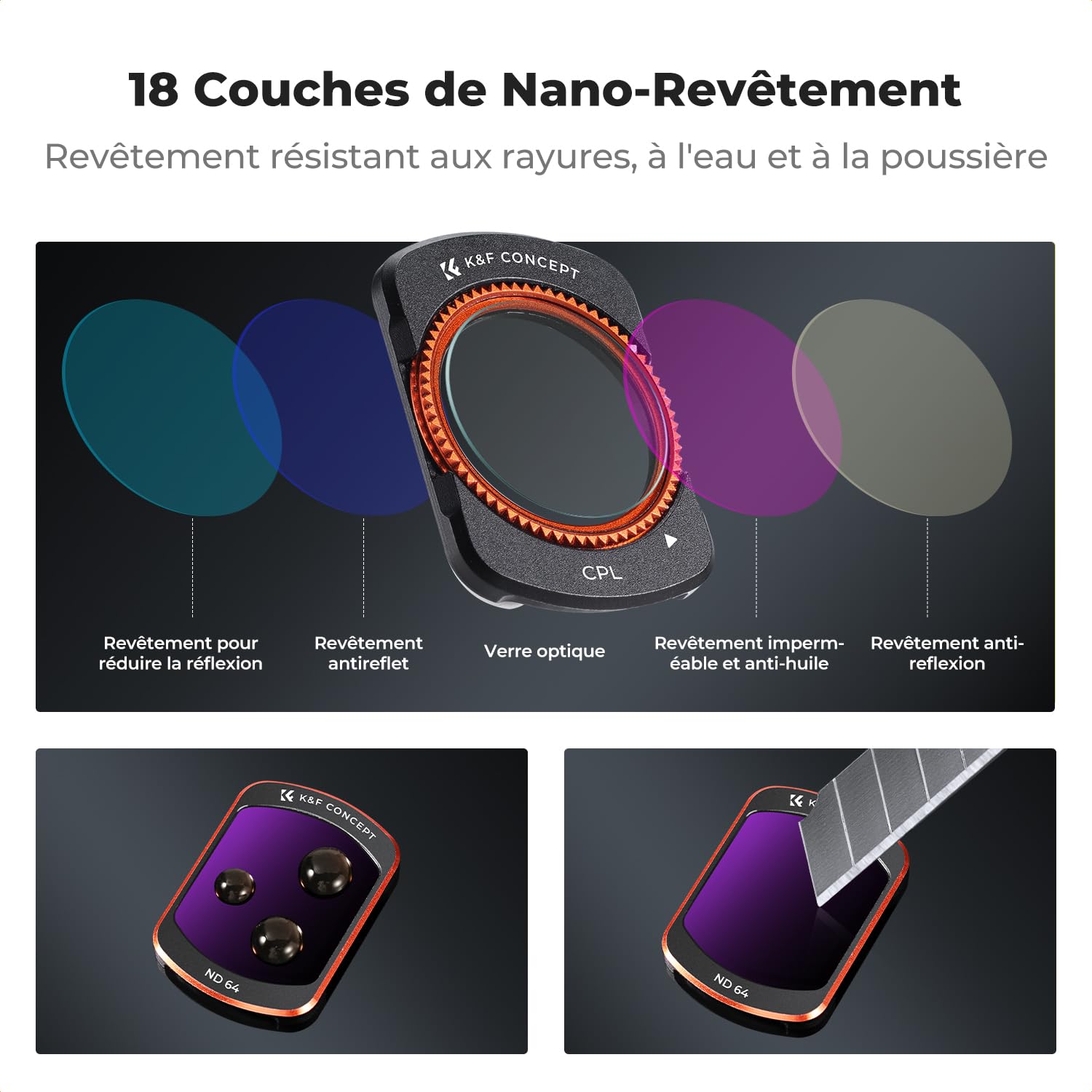 K&F CONCEPT FD161 Kit de filtres Compatible avec DJI OSMO Pocket 3/4, HD CPL ND16 ND64 ND256 Creator Combo Accessoires Magnétique Filtre polarisant à densité Neutre Verre Optique Cadre en Aluminium