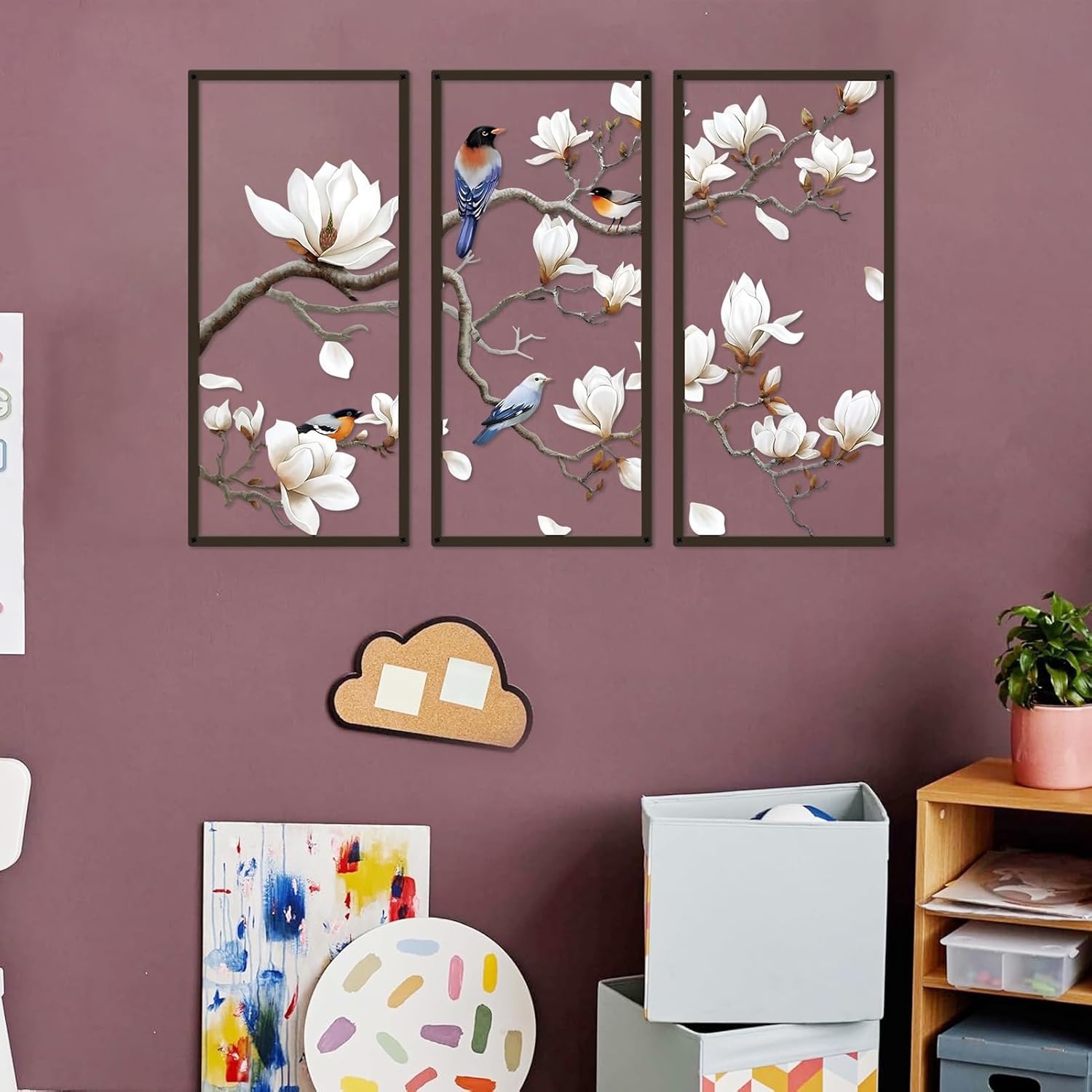 ShxTrade Metal Birds Wall Art, Large Metal Wall Art Vivid Bird on Tree Branch Silhouette Art Decor White Magnolia Tree Wall Sculpture for Home Living Room Garden Bedroom