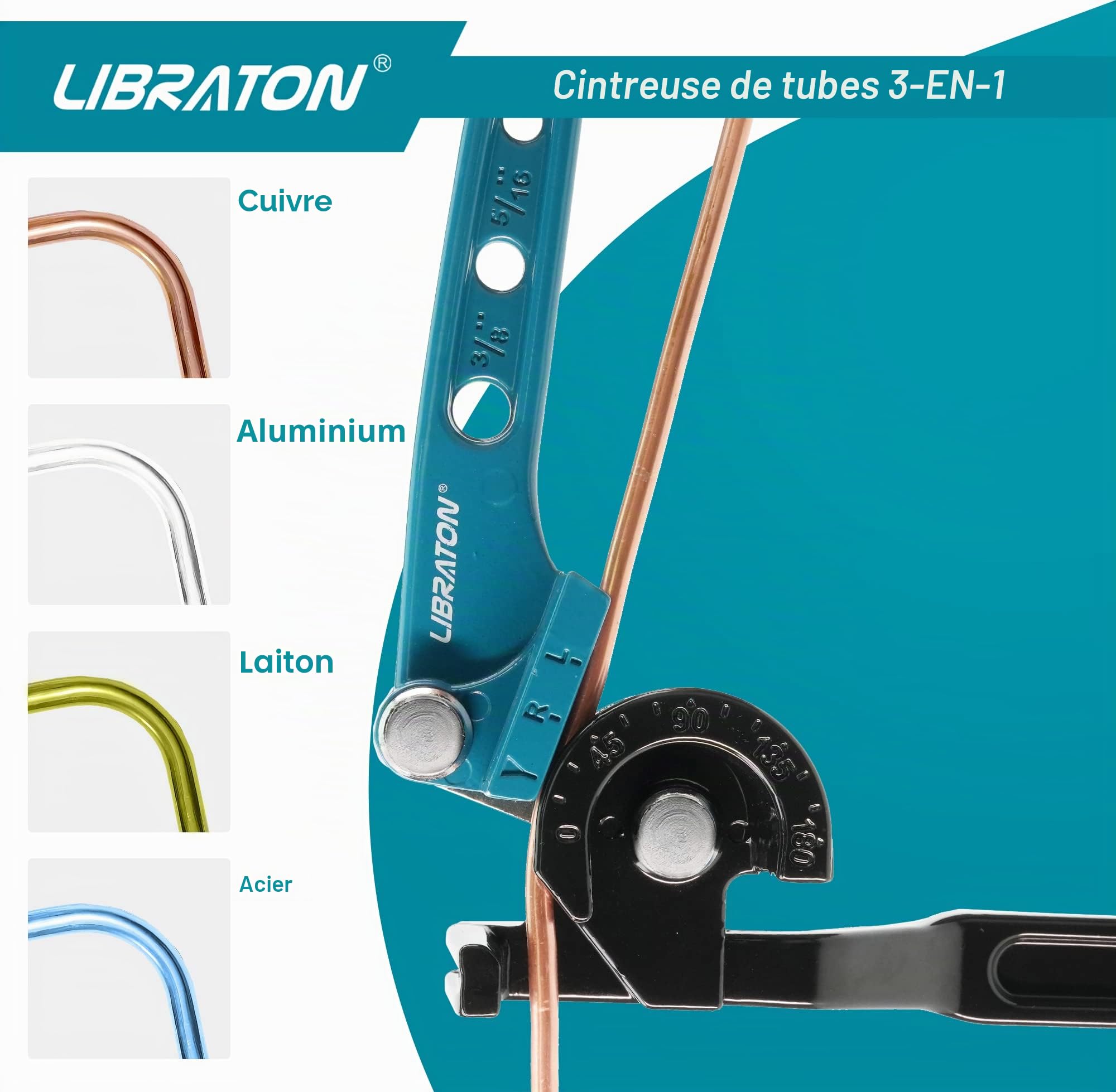 Libraton Cintreuse de Tubes, Cintreuse de Tuyaux, 3 en 1 Outils de Cintrage, 0-180 degrés Cintreuse Manuelle de Cintragepour Tubes en Cuivre, Laiton, Aluminium et Métal Doux (1/4", 5/16", 3/8")