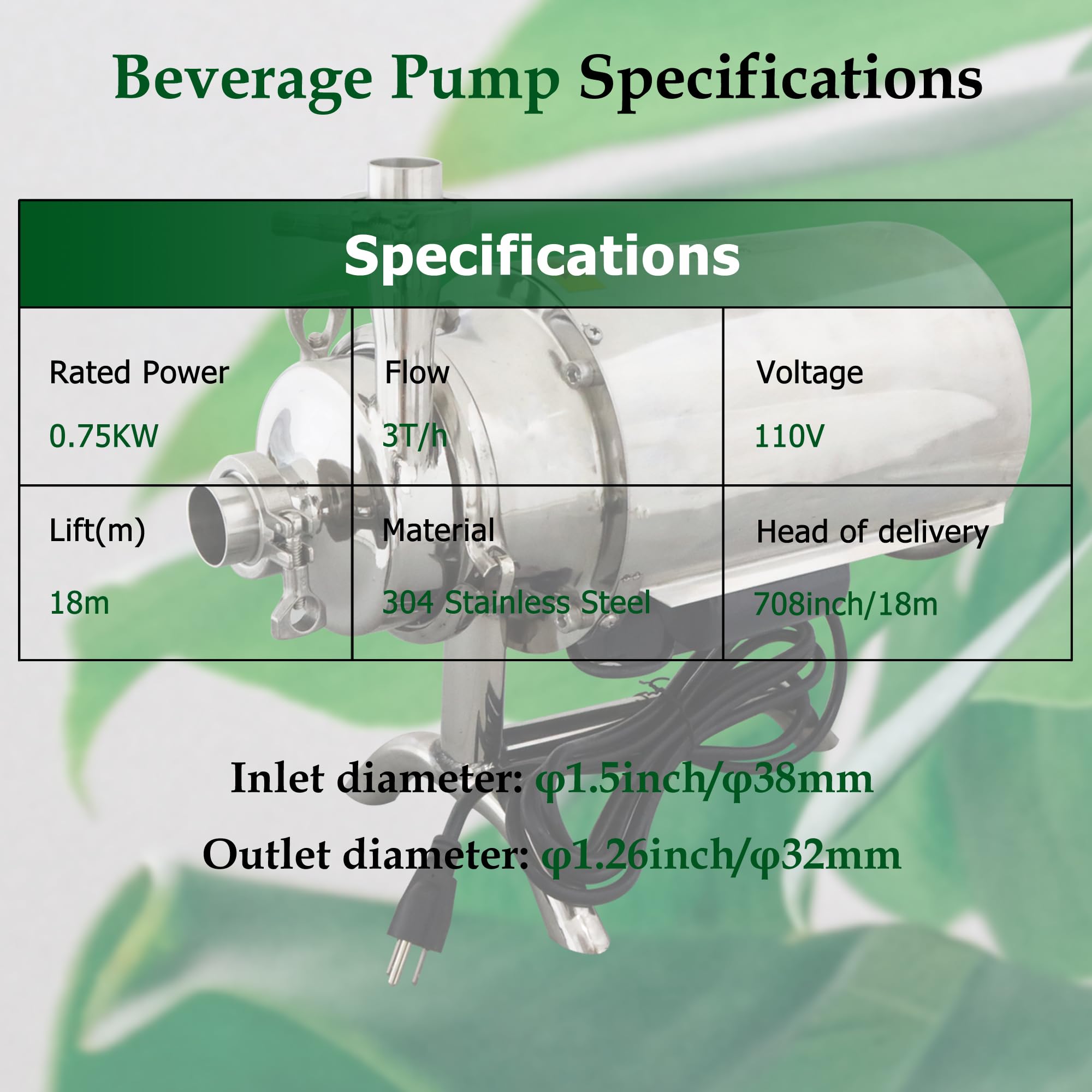 WYDDDARY Food Sanitary Centrifugal Pump 3T/H Liquid Drinks Transfer Machine 304 Stainless Steel Beverage Pump 110V 0.75KW
