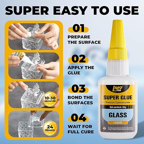 Miniatura 6 de Super Pegamento Transparente para Vidrio 30 Gramos, Superpegamento Delgado para Reparación de Artesanías de Acrílico, Plexiglás, Vasos, Carga