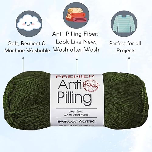 Miniatura 2 de Premier Yarns Everyday DN100-8 - Hilo acrílico para tejer suave (6 madejas), color verde pino liso con 1 bolsa Artsiga para manualidades