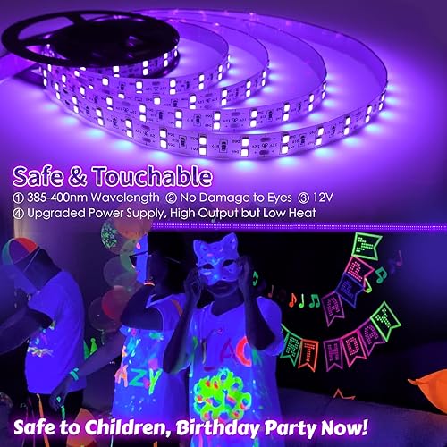 Miniatura 4 de Tira de luz negra USB de 16.4 pies con caja de batería, tira de luz negra LED de 5 V, 300 LED para brillar en la oscuridad, 385-400 nm para fiesta