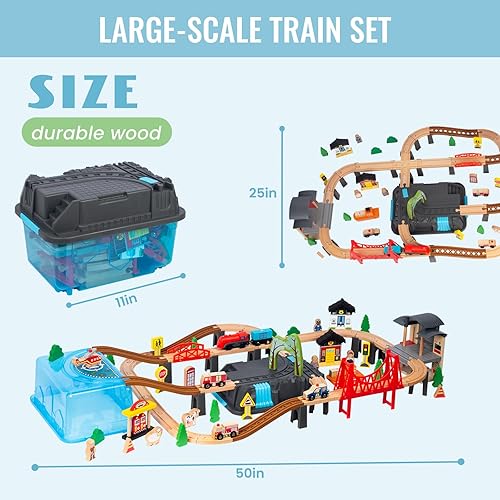 Miniatura 3 de 100 piezas de juego de tren de madera para niños de 3 años, juego de tren de doble cara con pistas, puente, estación de tren y caja de