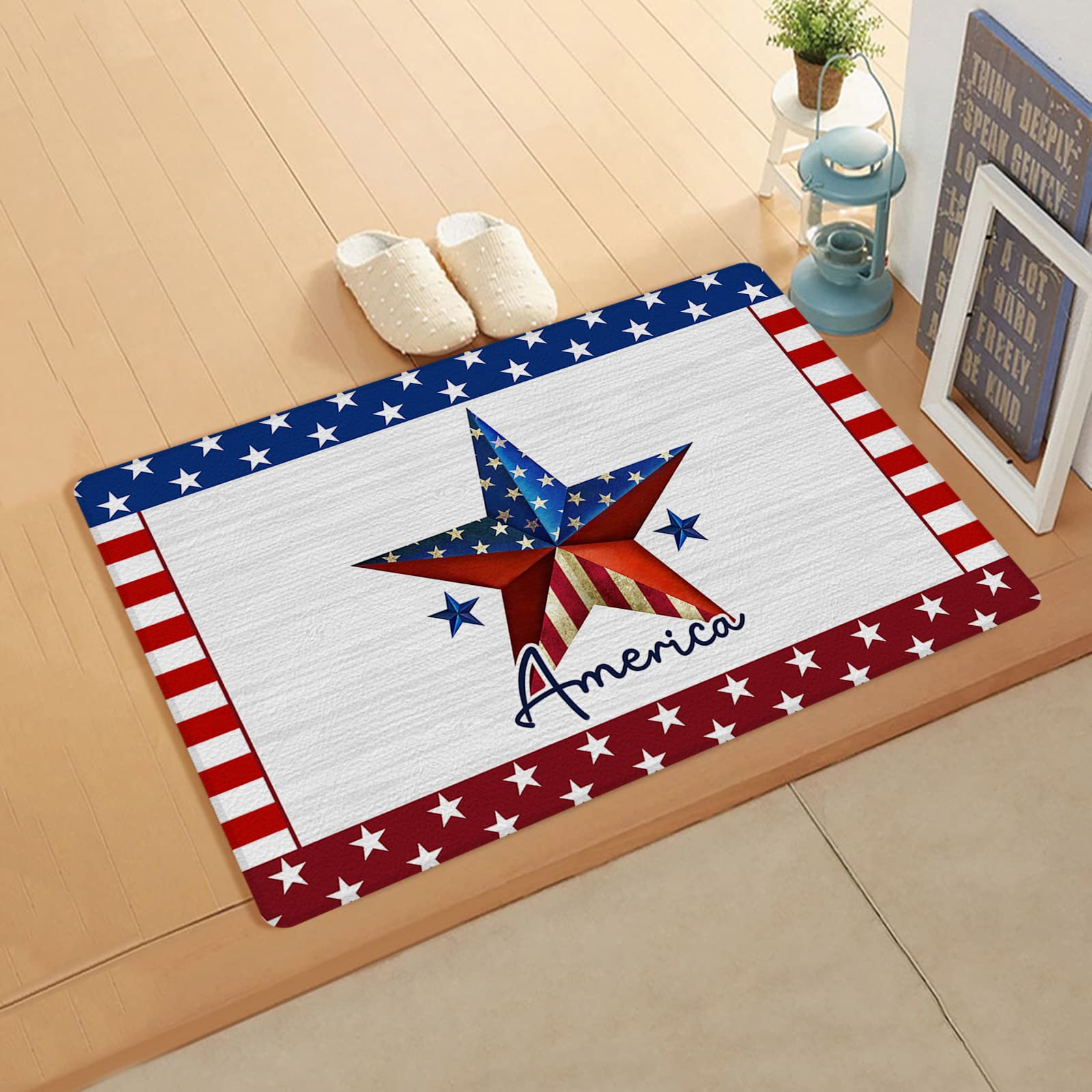 Patriot Independence Day Front Door Mat, PVC Leather Door Mats Outdoor/Indoor Funny Welcome Mat, July 4th American Flag Star Floor Mats Non-Slip Doormat Kitchen Runner Rugs for Entryway 20"x39"