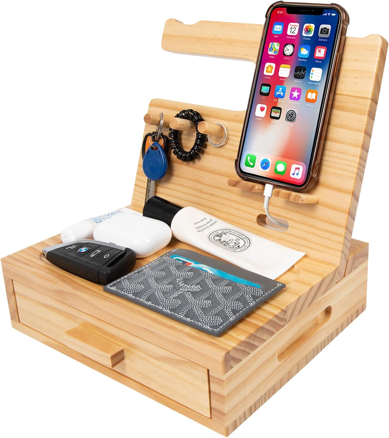 SolaJoy Solid Wood Nightstand Organizer, Docking Station