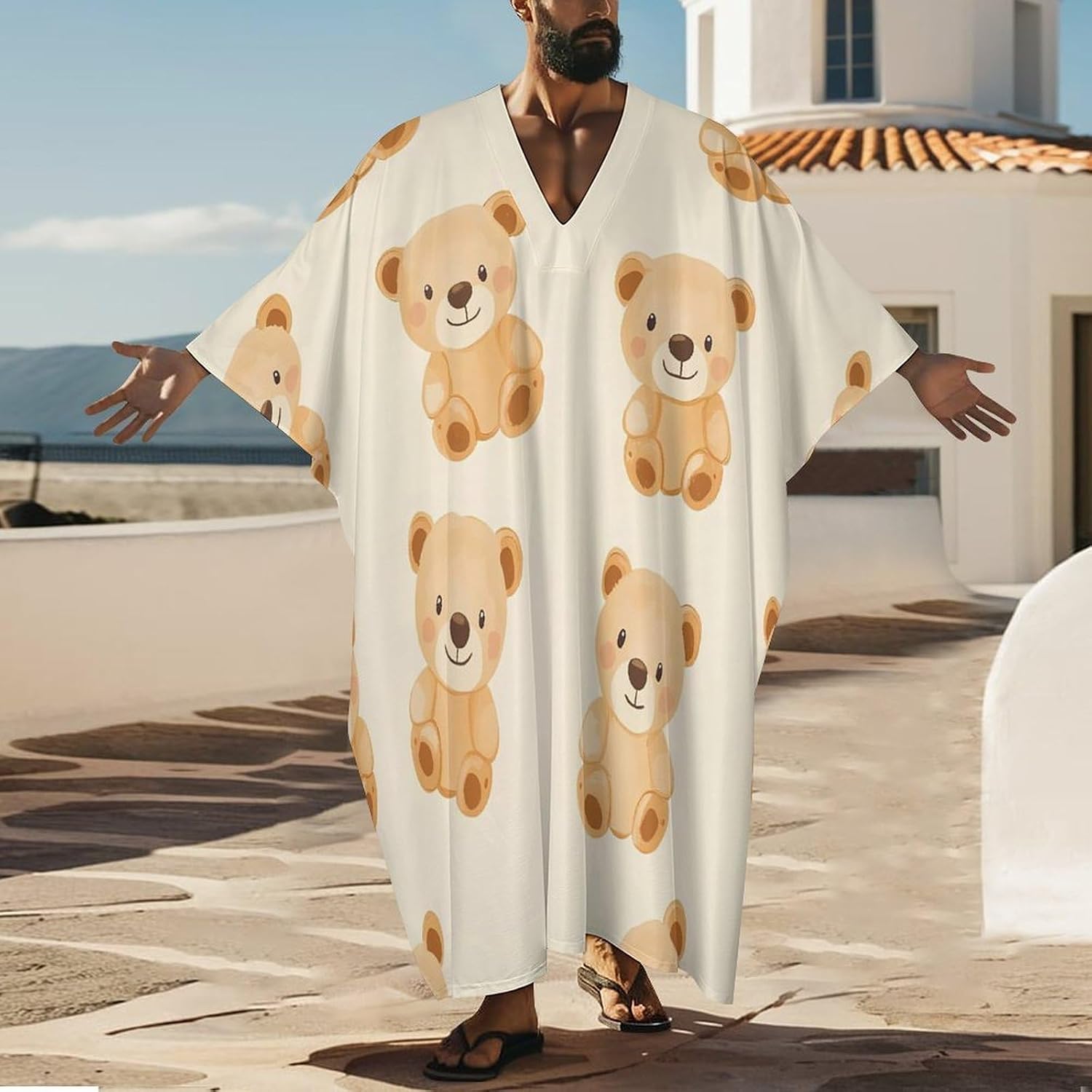 Cute Teddy Bears Pattern Men's Kaftan Thobe V-Neck Long Gown Loose Robe