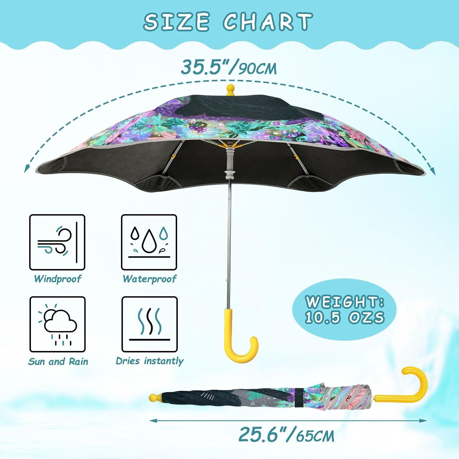 ALAZA Black Cat Witchy Boho Kids Umbrella for Girls Boys Toddler Children Rain & Sun Umbrella