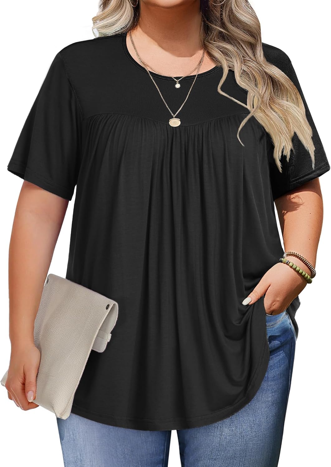 IN'VOLAND Womens Plus Size Tops Short Sleeve Tunic Crew Neck Shirts Summer Casual Loose Blouse 1X-5X