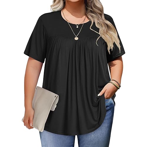 IN'VOLAND Womens Plus Size Tops Short Sleeve Tunic Crew Neck Shirts Summer Casual Loose Blouse 1X-5X