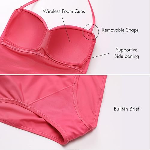 Vista 4 de DOBREVA - Traje de baño de una pieza, estilo halter, top bandeau, con falda y control de abdomen, para mujer