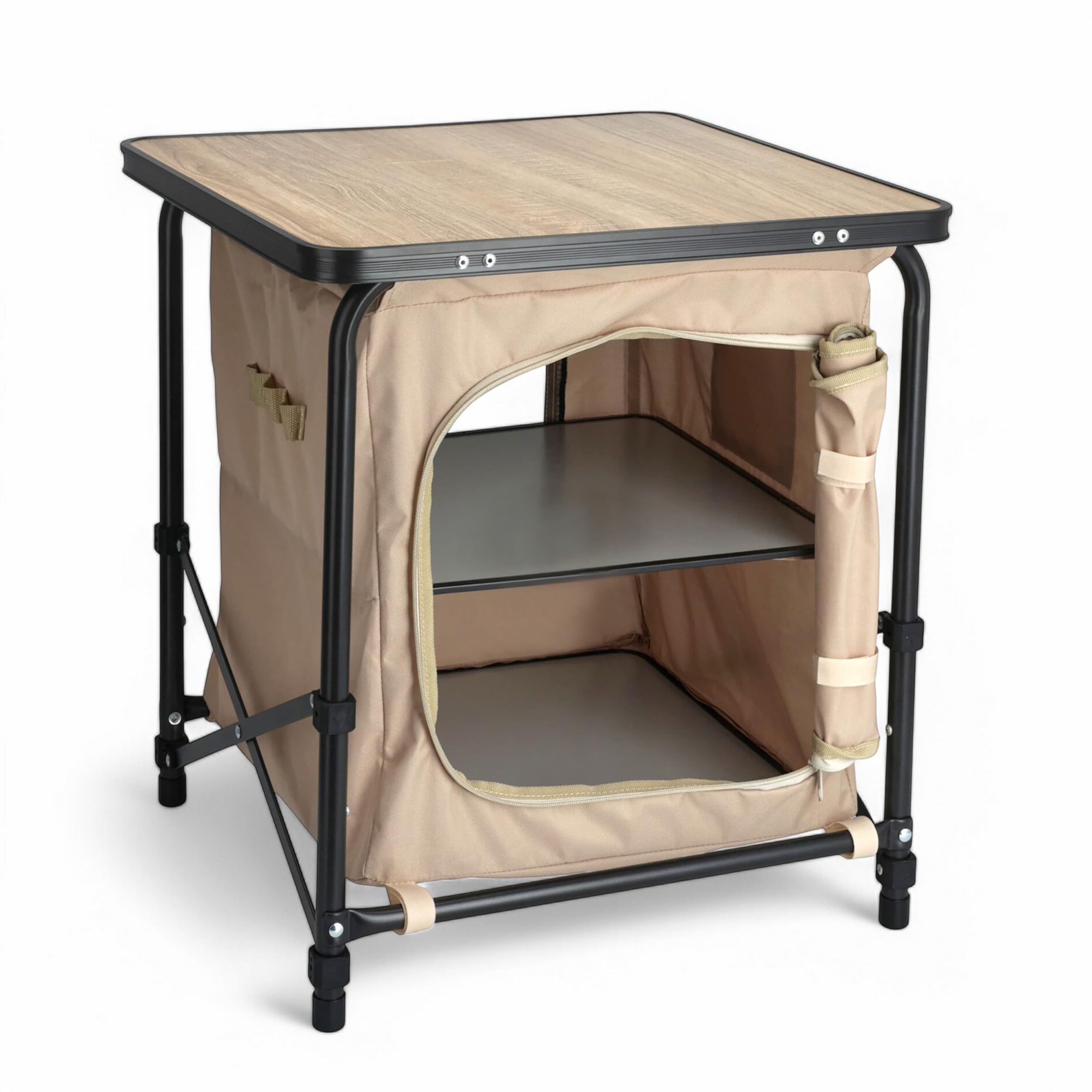 Armario de camping 2 en 1 de tela, plegable, con bolsa de transporte, 53 x 48 cm, mesa de camping con tablero en aspecto de madera, armario plegable para jardín, armario multiusos
