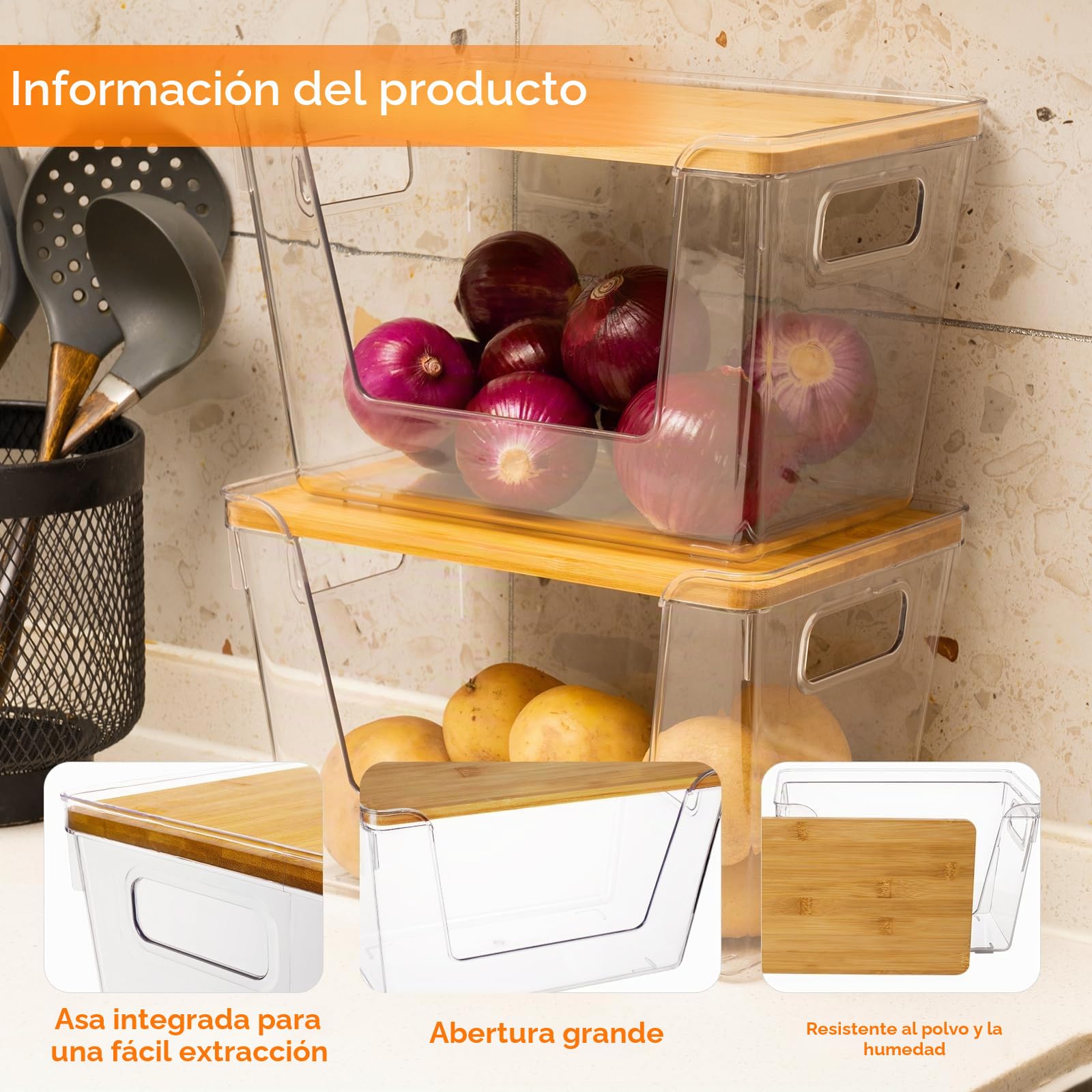 Abiudeng - Cajas de almacenamiento apilables para cocina (2 unidades, tapa de bambú para patatas de gran apertura frontal, organizadores de despensa y almacenamiento para verduras,