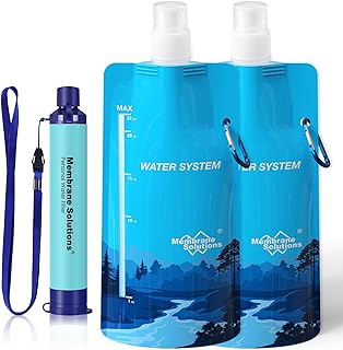 Membrane Solutions Squeezable Water Filtration System, Survival Water Purifier Kit, Portable Backpacking Gear Including Water Filter Straw and 23oz Collapsible Bottle for Hiking Camping Travel(1+2)