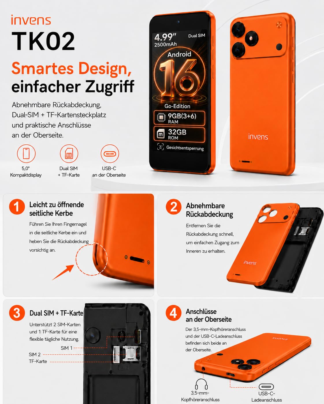 invens TK02 Smartphone Ohne Vertrag Günstig, Android 16 Go Handy, 5,0 Zoll, 9GB RAM (3+6) + 32GB ROM, 4G LTE, Dual SIM + TF 256GB, 8MP + 5MP Kamera, Abnehmbarer Akku, USB-C, 3,5 mm, Orange