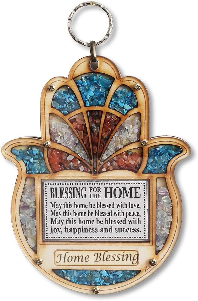 Wooden Hamsa Blessing for Home - Good Luck Wall Decor with Simulated Gemstones (Home Blessing)