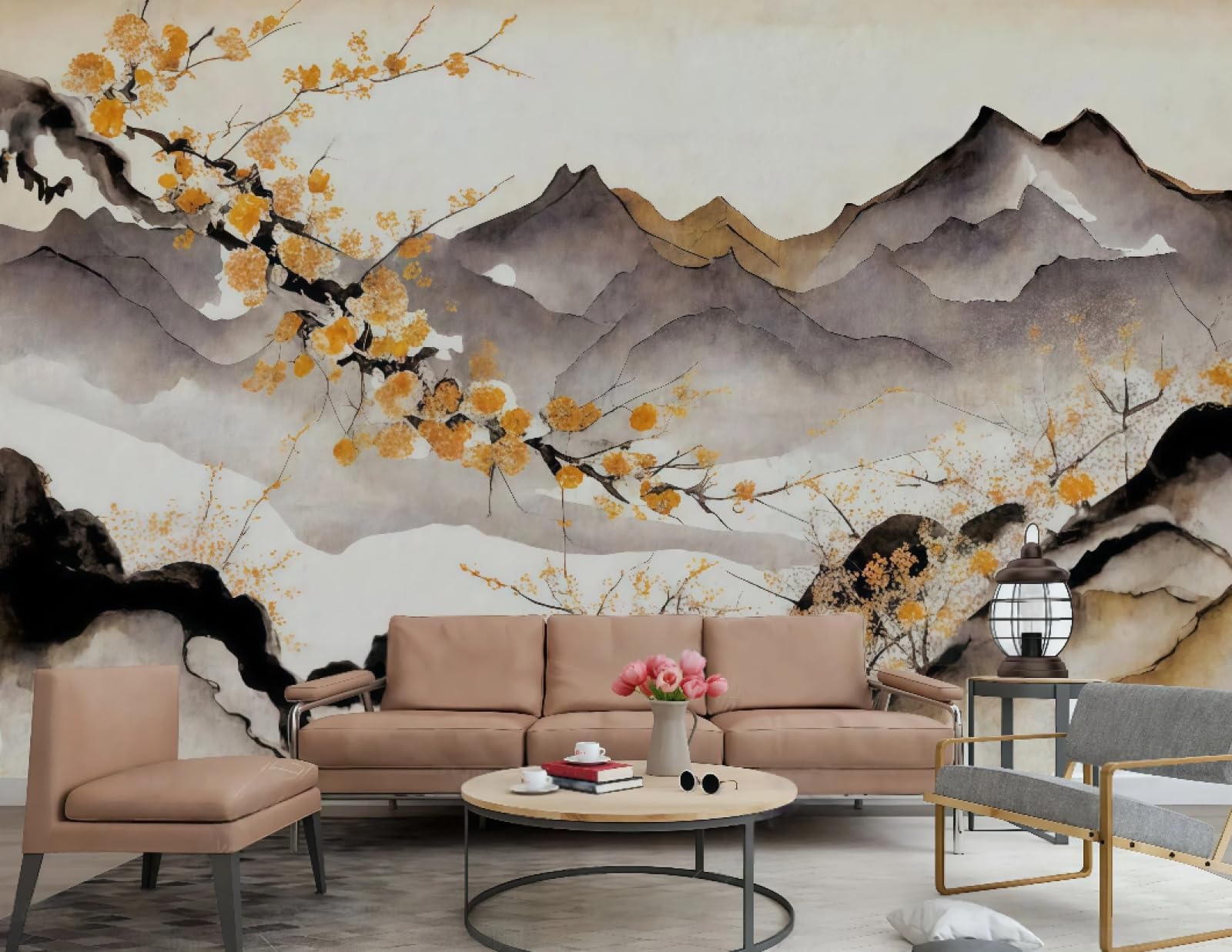 Tapeta sztuka nowoczesna żółty kwiat brzoskwini atrament chmura szczyt górski obraz olejny telewizor sofa tło tapeta ścienna salon jadalnia mural, 3D, 200 x 140 cm