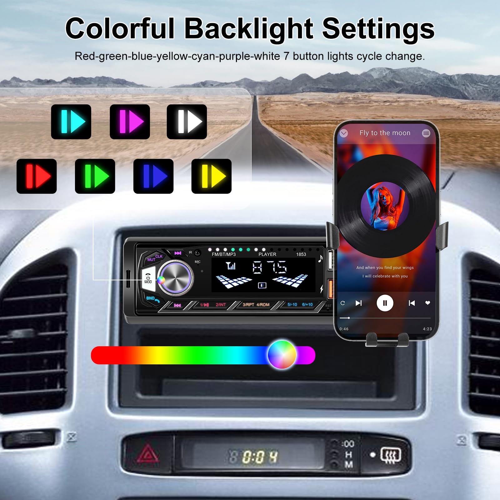 1 DIN Radio de Coche con Bluetooth - Bluetooth Radio de Coche con Soporte para Teléfono Móvil - Llamadas Manos Libres, Radio FM, Puerto USB/TF/AUX, Retroiluminación de Colores