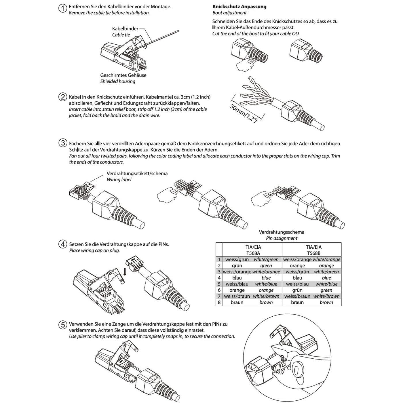 Lumonic 20x Connettore di rete RJ45 in metallo senza attrezzi | Con scarico della trazione e contatti dorati I Connettore a crimpare per cavi di rete LAN CAT5 CAT6A CAT7