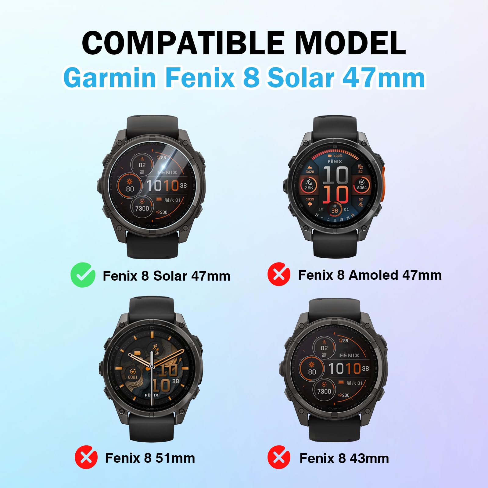 Confezione da 4 pellicole protettive in vetro temperato per Garmin Fenix 8 Solar da 47 mm, trasparenti HD 9H, pellicola protettiva per schermo solare Fenix 8 da 47 mm, antigraffio e sensibile