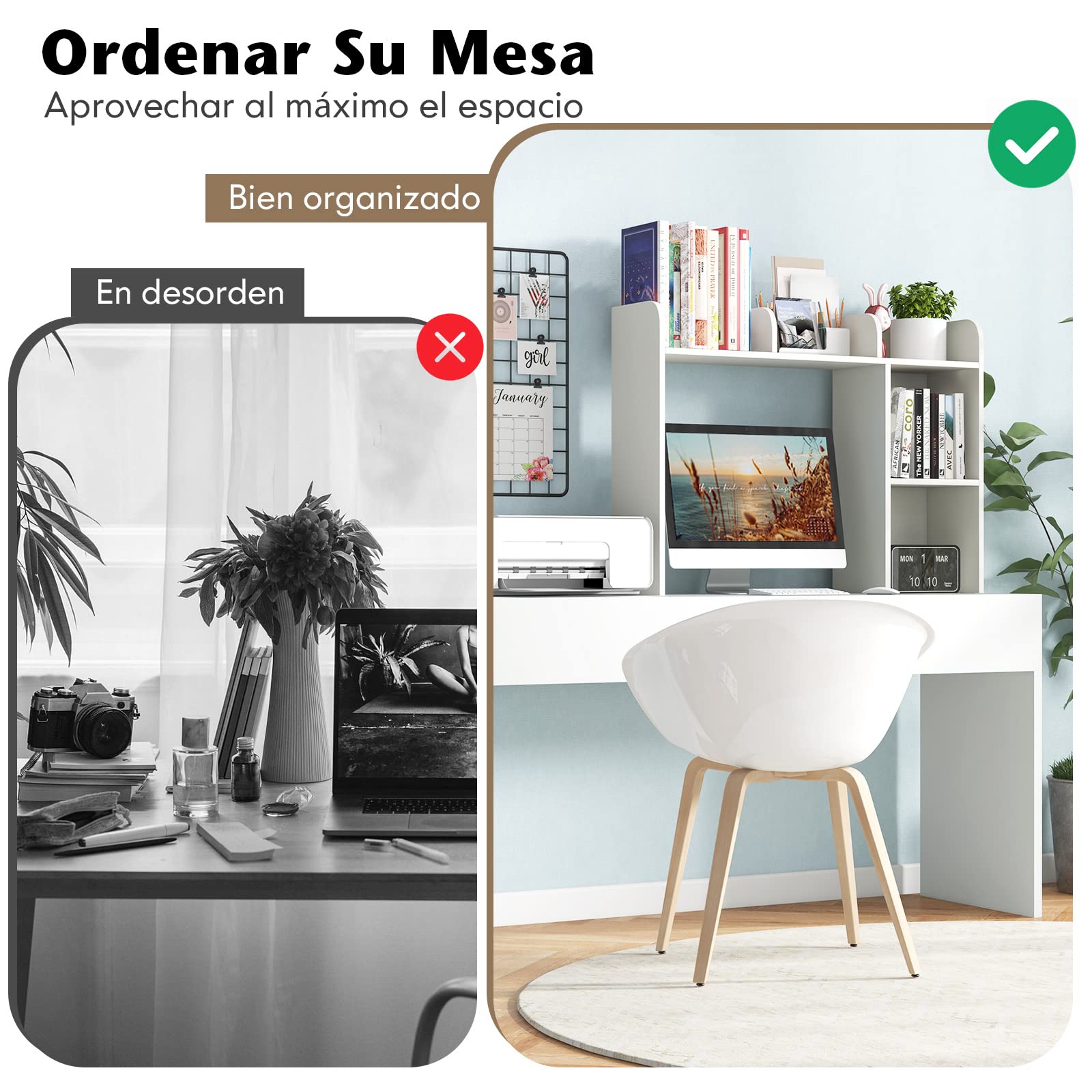 COSTWAY Estantería de Escritorio, 4 estantes y Compartimento Abierto Trasero, Organizador de Almacenamiento de Escritorio, Anti-vuelco, 94 x 25 x 74 cm (Blanco)