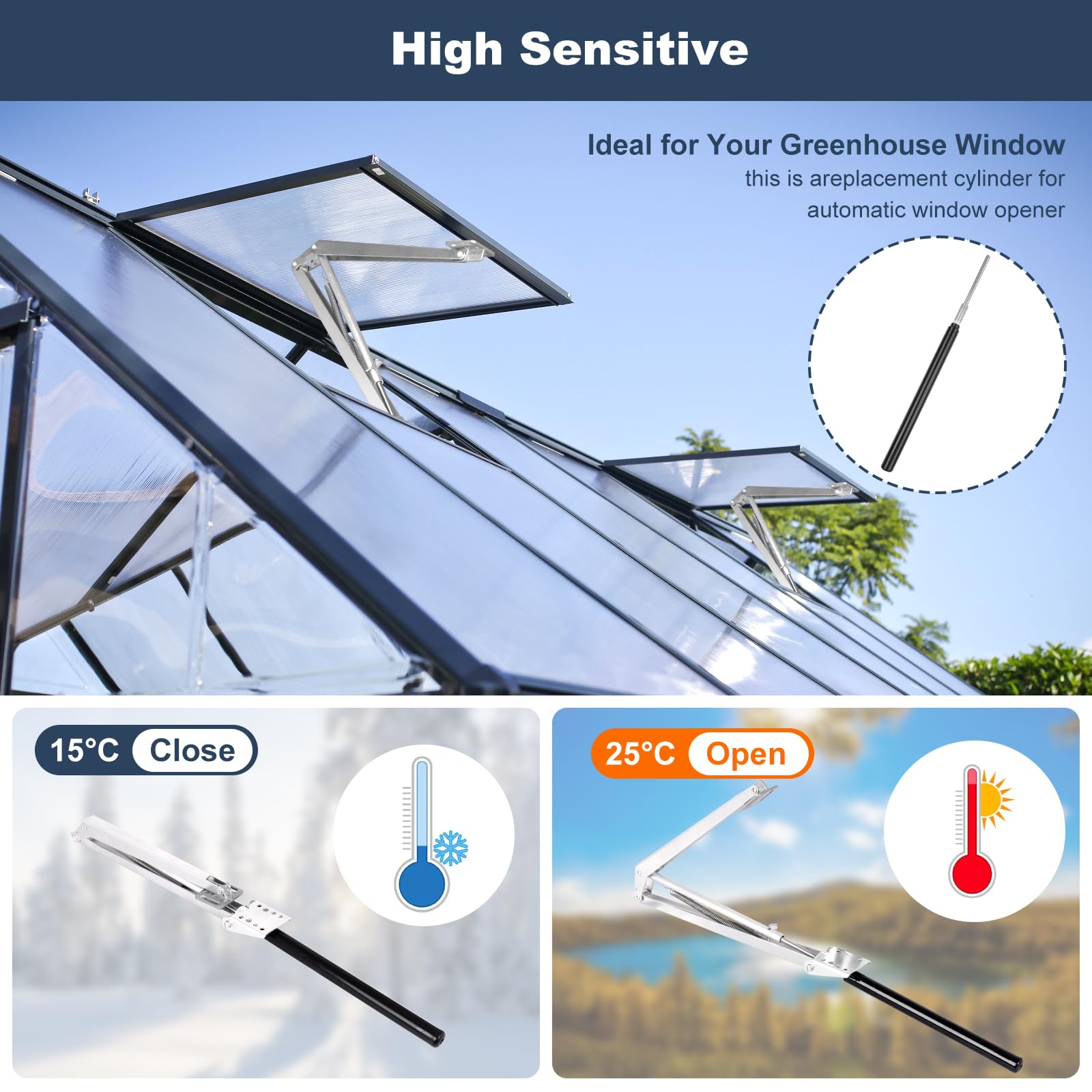 Abridor Automático de Ventanas para Invernadero (2 Unidades) - Control de Temperatura 15-30°C, 45cm Apertura Máxima, Resistente a la Corrosión para Ventanas de Aluminio/Madera