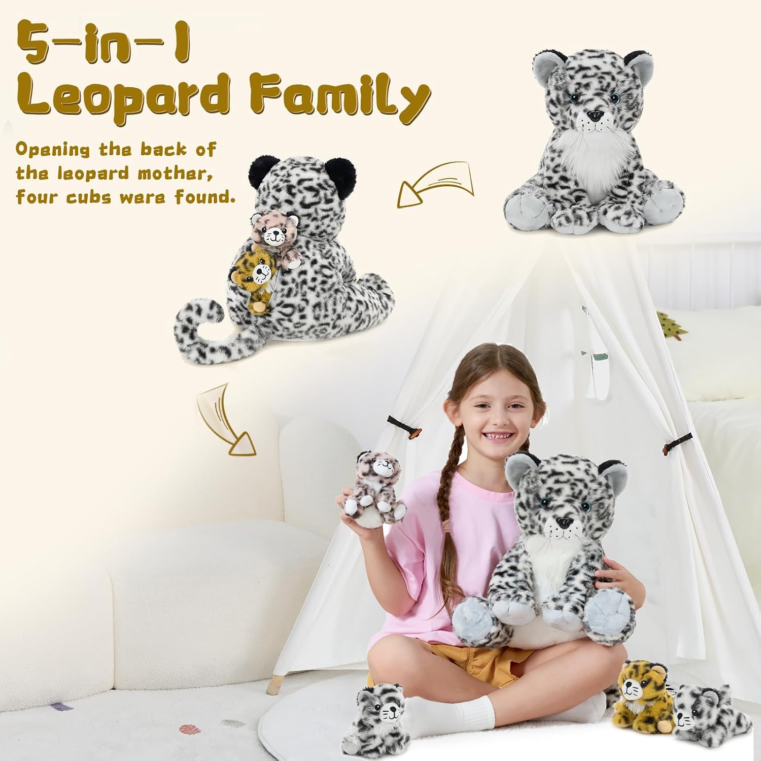 MorisMos Snow Leopard Stuffed Animal with Babies Inside, 5Pcs Mommy Stuffed Snow Leopard with Baby Cubs,14'' Soft Cheetah Stuffed Animals for Kids Girls Boys,Cuddly Plush Toys for Baby Shower Birthday