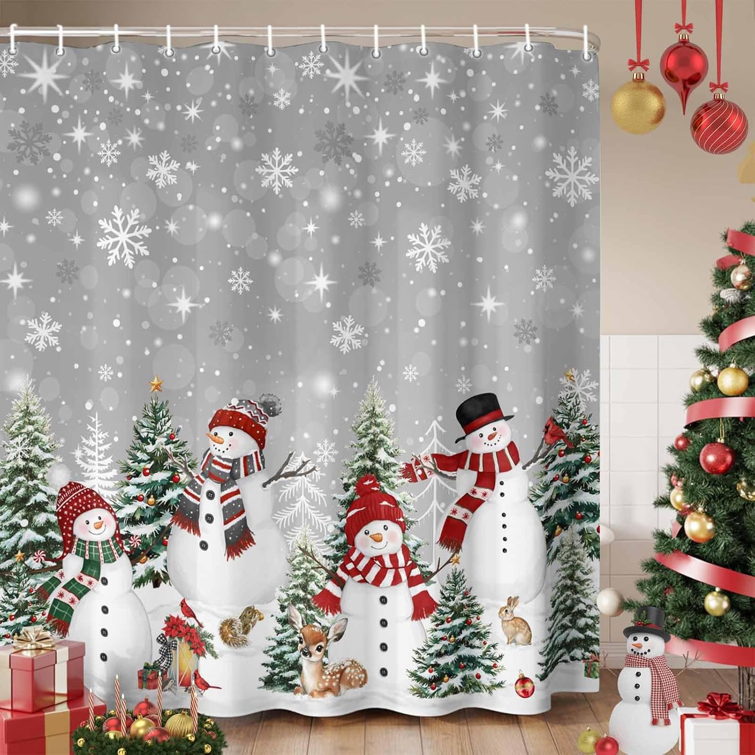Grey Christmas Waterproof Shower Curtains Set - Extra Long Shower Curtain 72 x 96 Inch, Snowman Xmas Tree Snowflake Winter Polyester Fabric Bathroom Curtain with 12 Hooks, Bathroom Accessories