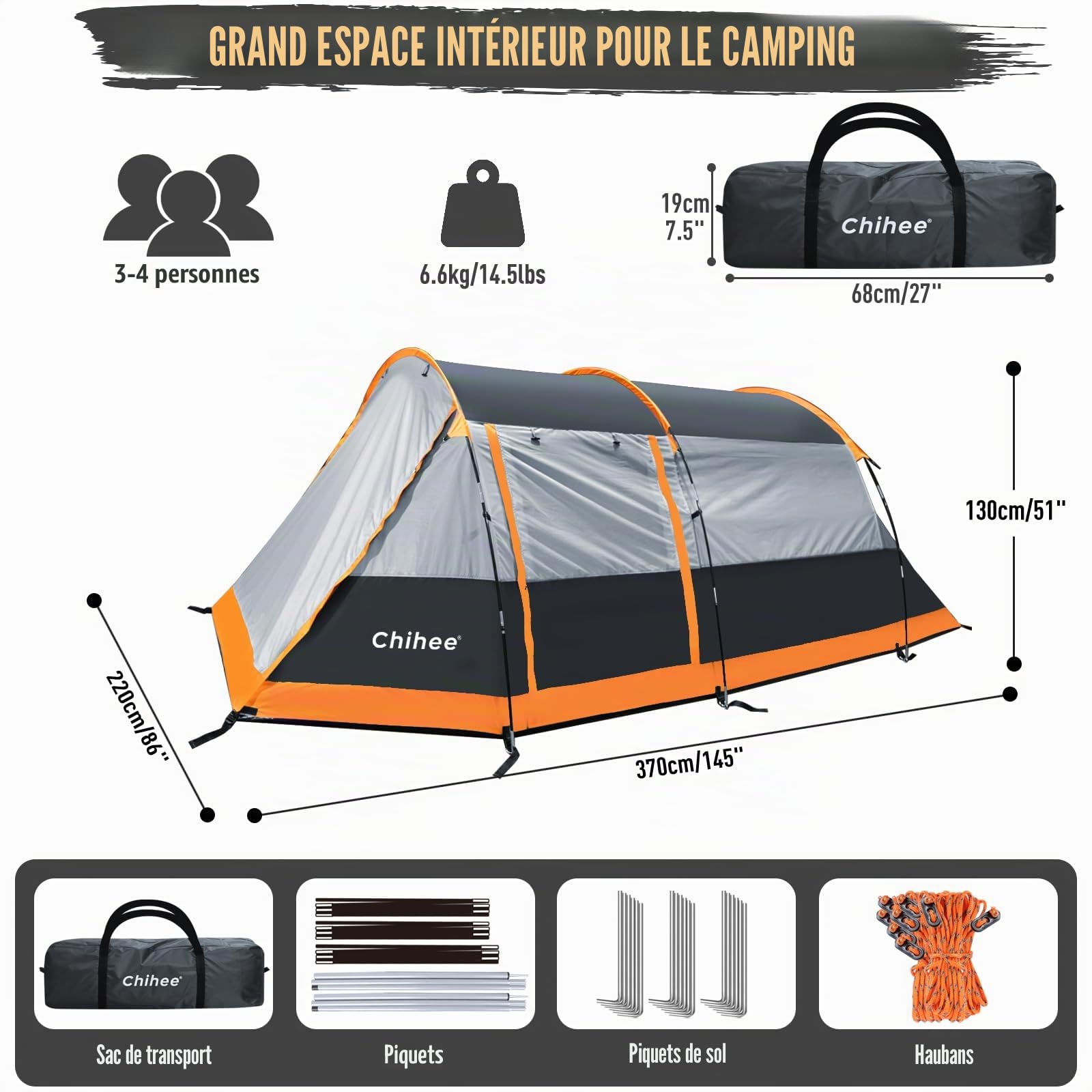 Chihee Tente de camping tunnel 4 personnes tente familiale avec 2 portes extra résistant aux intempéries tente 4 saisons avec double tapis de sol imperméable avec sac de transport pour voyage en plein