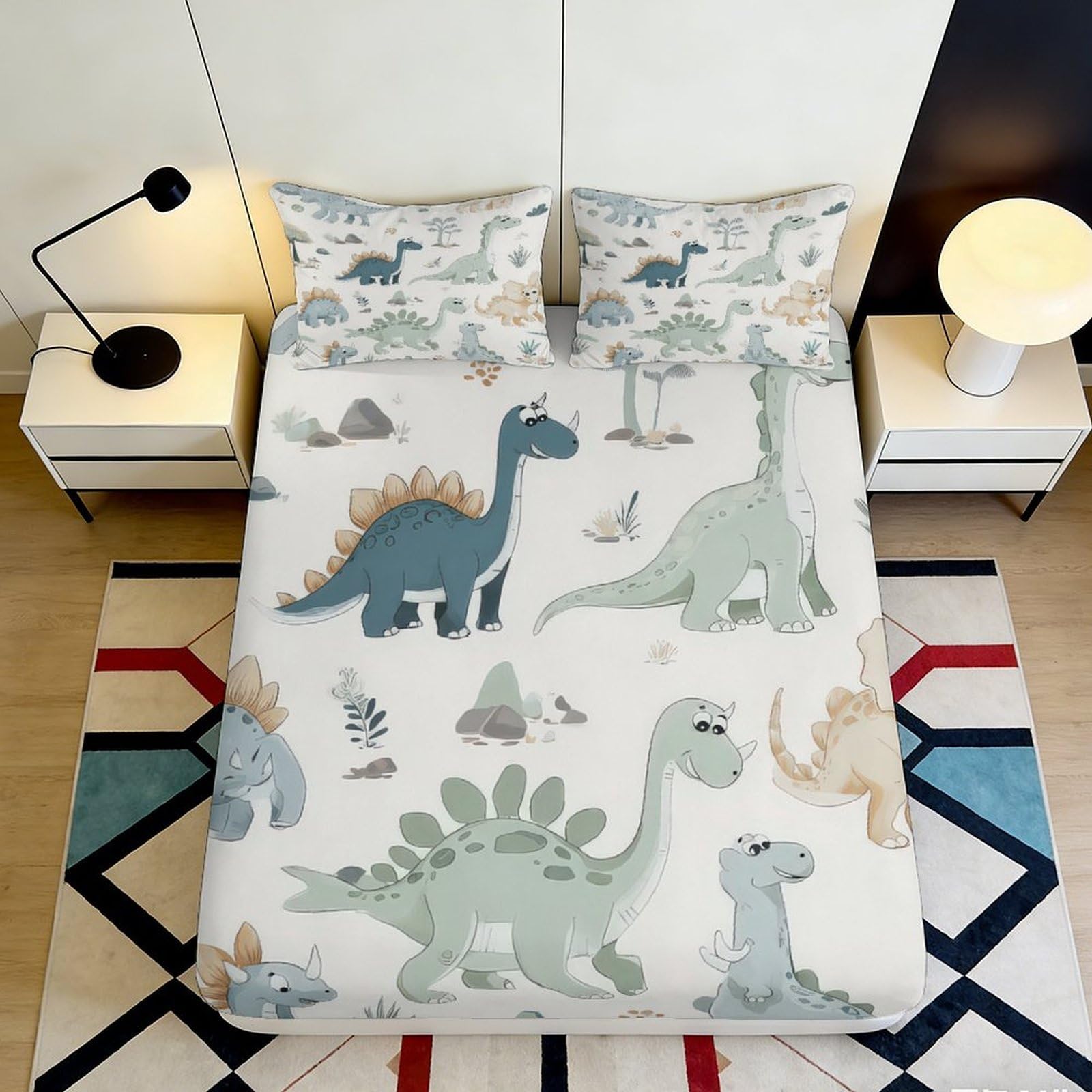 3D Printed Cartoon Dinosaur Fitted Sheet Microfiber Anti-slip Bed Cover for Bedroom Dorm Easy Care Decor 90x200x25cm