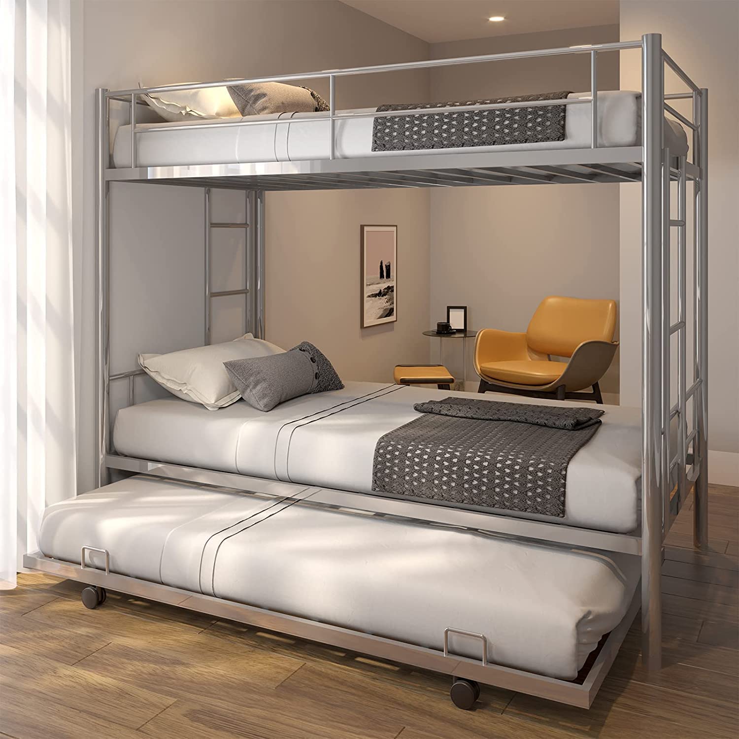 METALMASTER Metal Bunk Bed with Trundle Twin Over Twin Modern Bunk Beds (Silver)-image-3