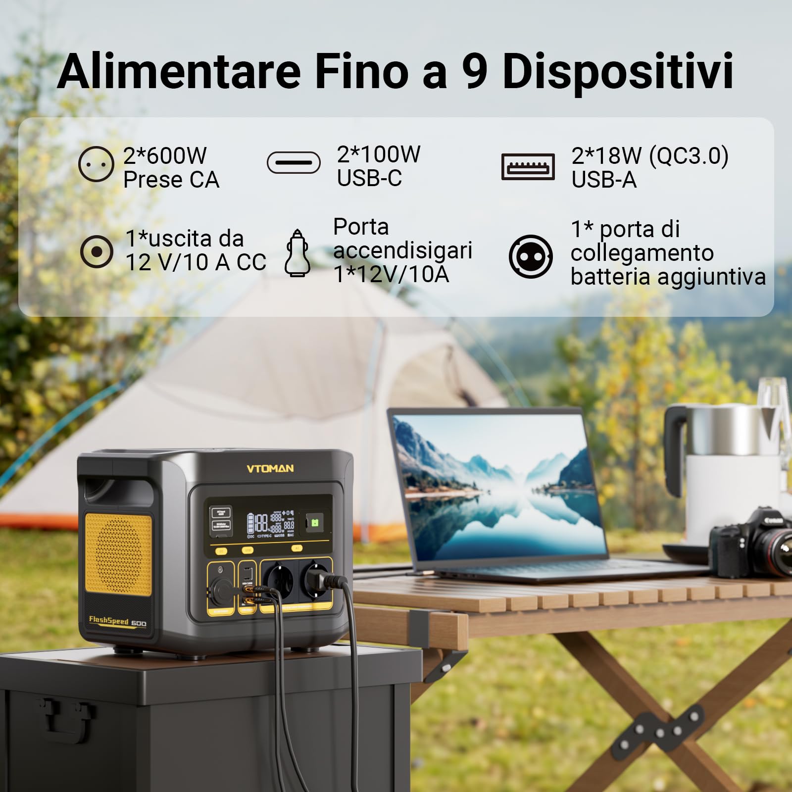 VTOMAN FlashSpeed 600 Centrale Elettrica Portatile 499Wh - 600W(1200W Picco) LiFePO4 Power Station, 100W USB-C, Ricarica da 0-80% in 60 Min, Capacità Espandibile Generatore Solare per Campeggio