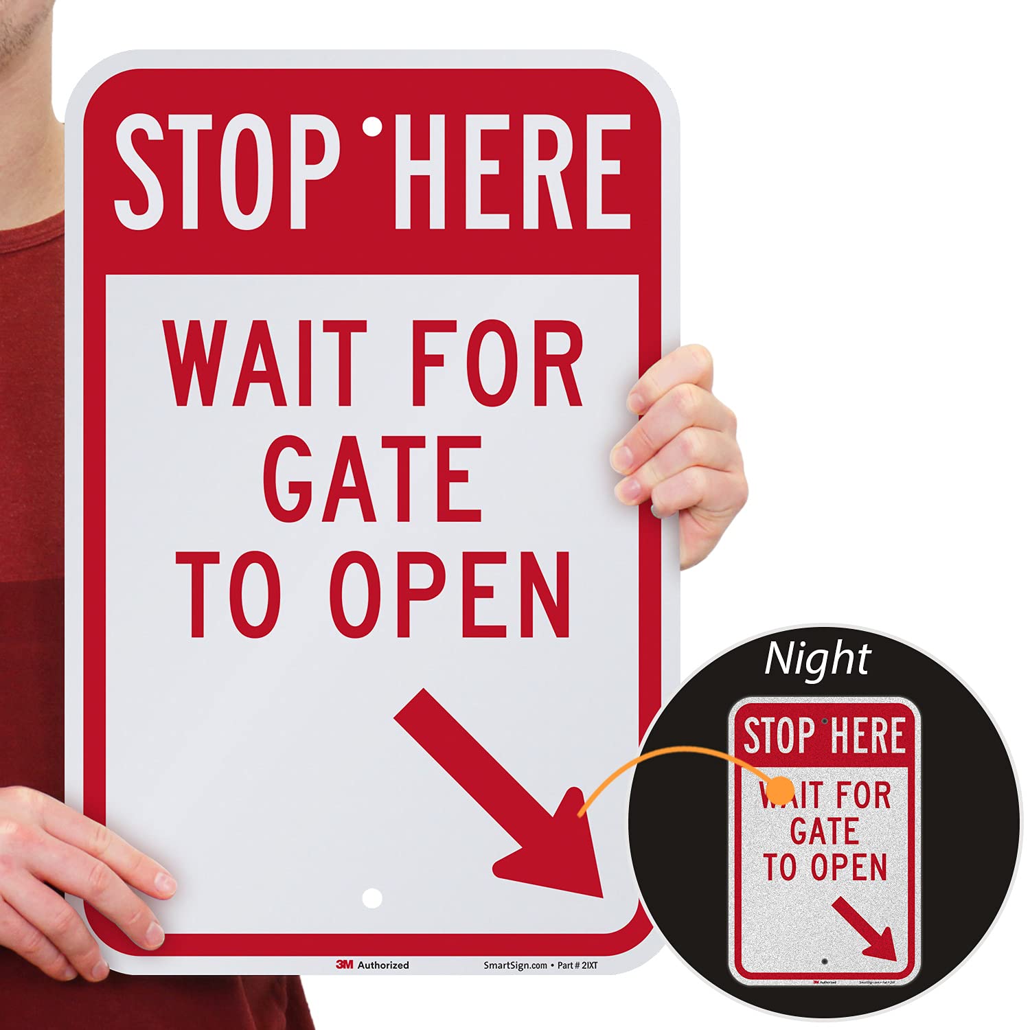 SmartSign 18 x 12 inch “Stop Here - Wait For Gate To Open” Metal Sign with Bottom Right Arrow, 63 mil Aluminum, 3M Laminated Engineer Grade Reflective Material, Red and White, Made in USA