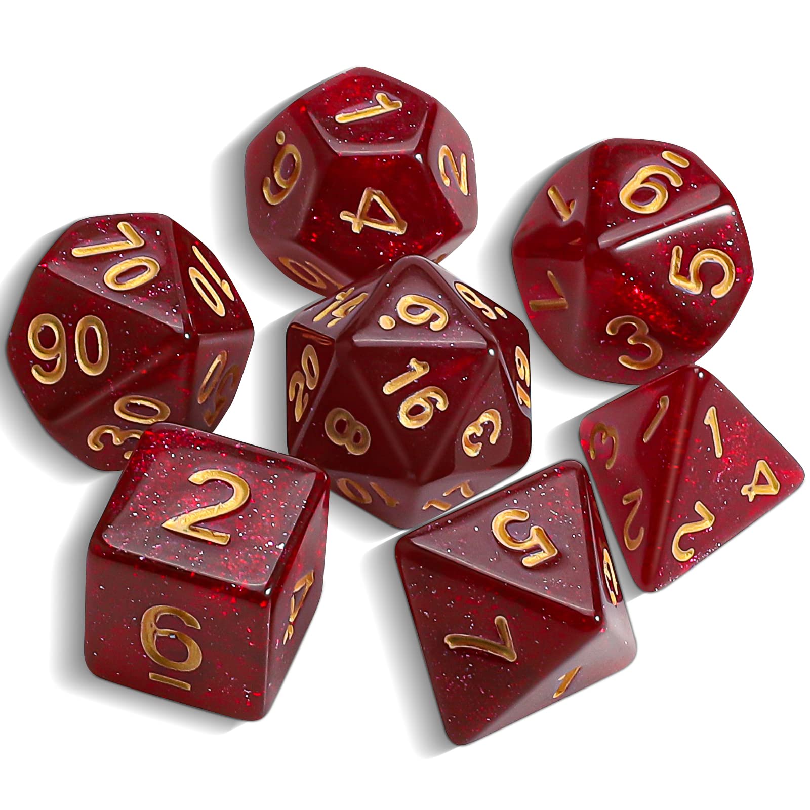 QMAY DND Dice Polyhedral Dice Set – 7 pezzi per Dungeon and Dragons MTG RPG D&D D20, D12, D10, D%, D8, D6, D4 (rosso + glitter)