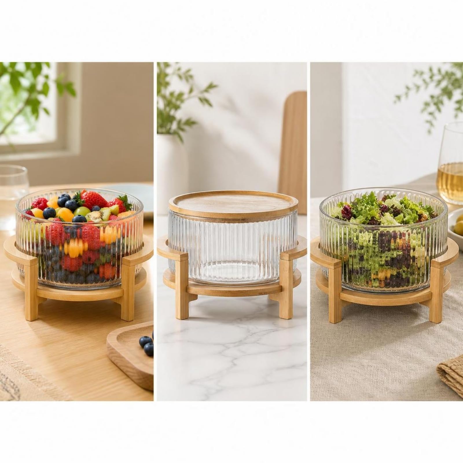 Cuenco con Pedestal Versátil Ensaladera | Elegante, Tazón Vidrio con Soporte Madera, Moderno, para Comedor, Bufé, anfitrionas, S, Rayas Sin Tapa