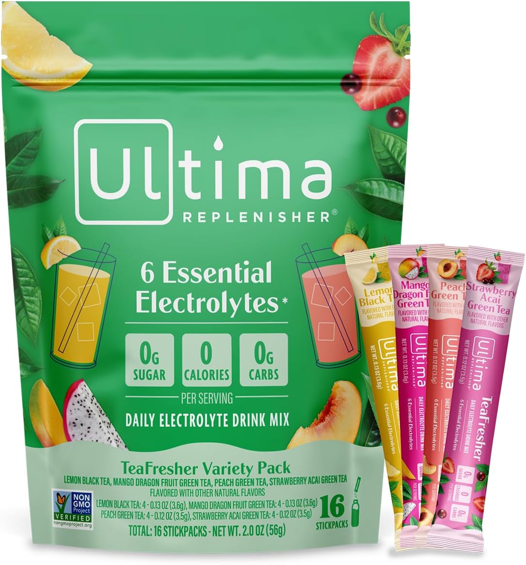 Ultima Replenisher Electrolyte Powder & Instant Tea Drink Mix โ TeaFresher Variety, 16 Stickpacks โ Sugar Free Electrolytes Hydration Packets with Fruit & Tea Fusions โ Plant Based & Keto Friendlyโ