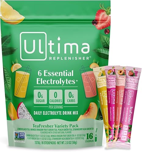 Ultima Replenisher TeaFresher Mezcla de electrolitos diarios en polvo y té instantáneo, sin azúcar, paquete variado, 16 paquetes de barras,