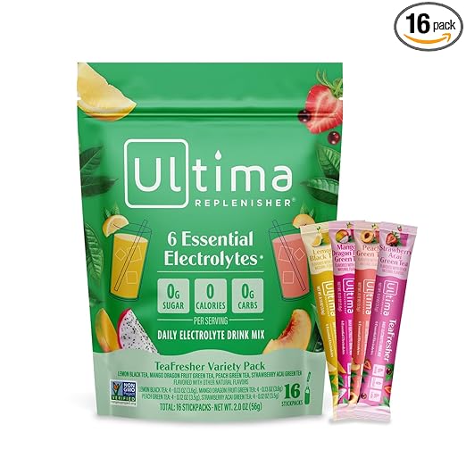 Ultima Replenisher TeaFresher Daily Electrolytes Powder and Instant Tea Mix – Sugar Free – Variety Pack, 16 Stickpacks - Hydration Packets with 4 Fruit and Tea Fusions, 6 Key Electrolytes