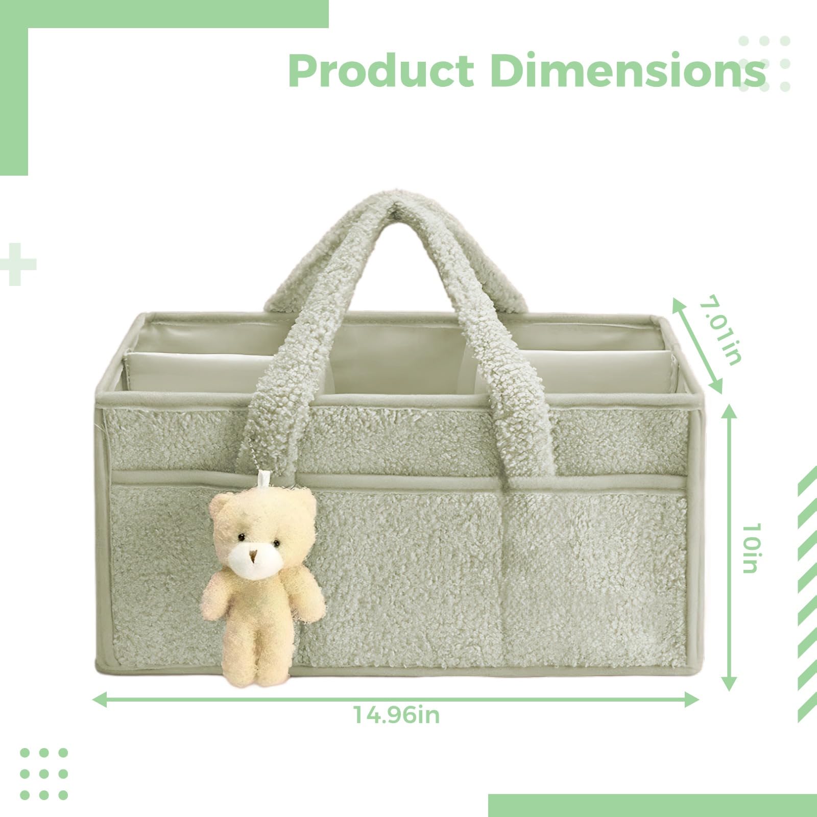 Organisateur de Couches en Peluche, Caddy Vert 38 x 18 x 4 cm, 15 x 7,1 x 1,6 po, avec Plusieurs Poches, Grand Organisateur de Couches pour Voyage, Sac de Rangement en Polyester pour Maman
