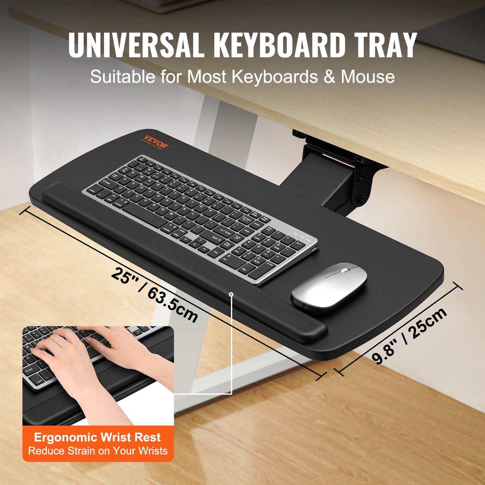 VEVOR Support Clavier 63,5x25 cm Plateau pour Clavier et Souris Coulissant sous Bureau Charge Max 5 kg Tablette Coulissante Clavier Fixation Facile Hauteur et Angle Réglable pour PC Bureau Domicile