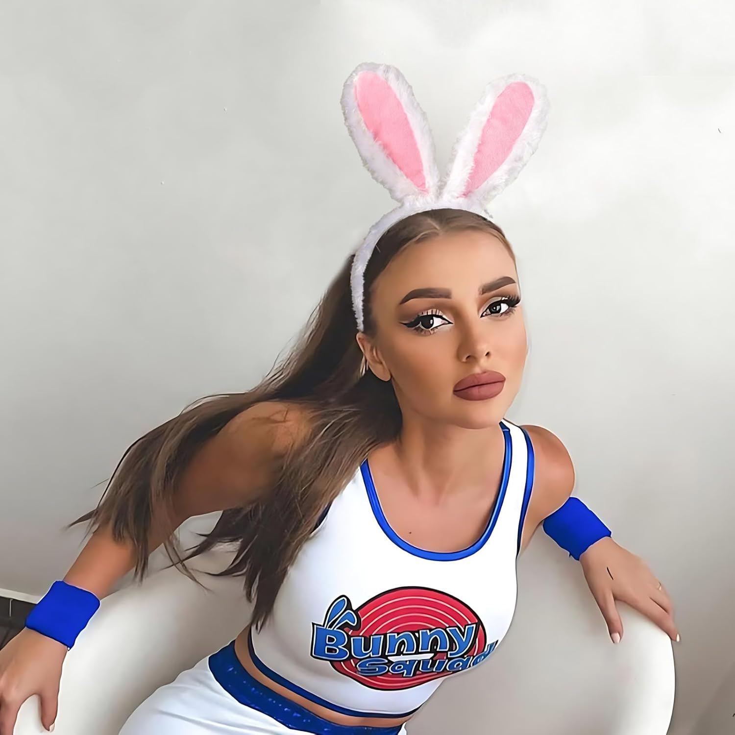 DDLP Halloween Bunny Costume Accessories for Women Red and Blue Striped Thigh High Socks + Bunny Ears Headband for Cosplay - Image 5