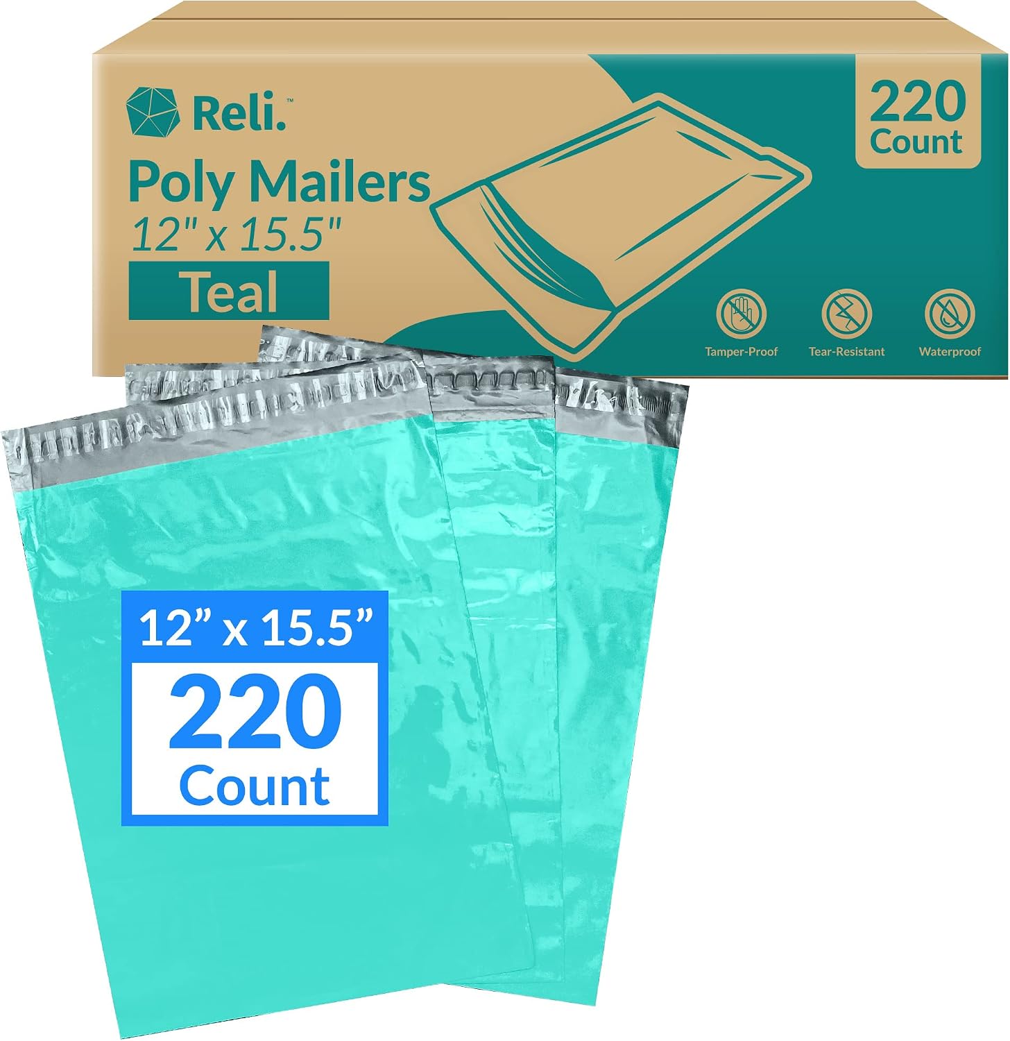 12x15.5 Teal Poly Mailers - 220 Count, Self Sealing, Waterproof Shipping Bags For Clothing & Items