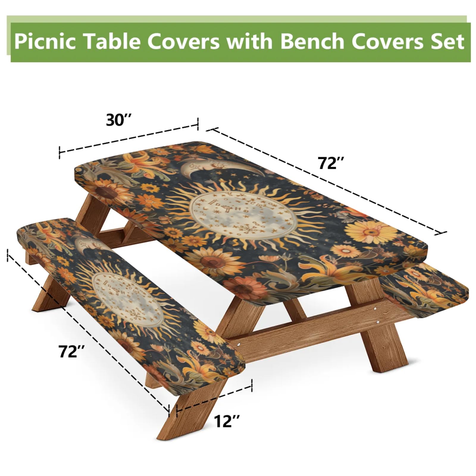 Tablerazzi Abstract Moon Boho Plant Picnic Table Cover with Bench Covers, Fitted Camping Tablecloth with Elastic Edges, Outdoor Waterproof Rectangle Table Cloth, 72x30 Inch 3 Pcs Set